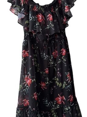 Black Floral Ruffle Off-Shoulder Dress with Red Blooms